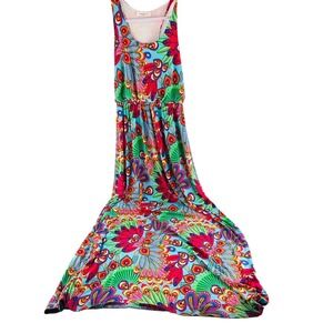 Newbury Kustom Womens Small‎ Maxi Dress lined colorful Peacock sleeveless